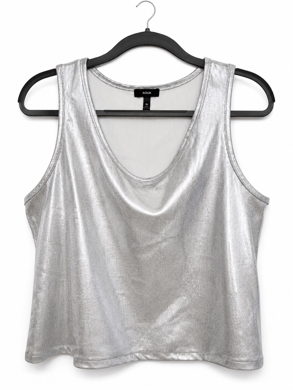 AQUA Metallic Silver Ribbed Tank Top XL Shimmer Stretch Party Top